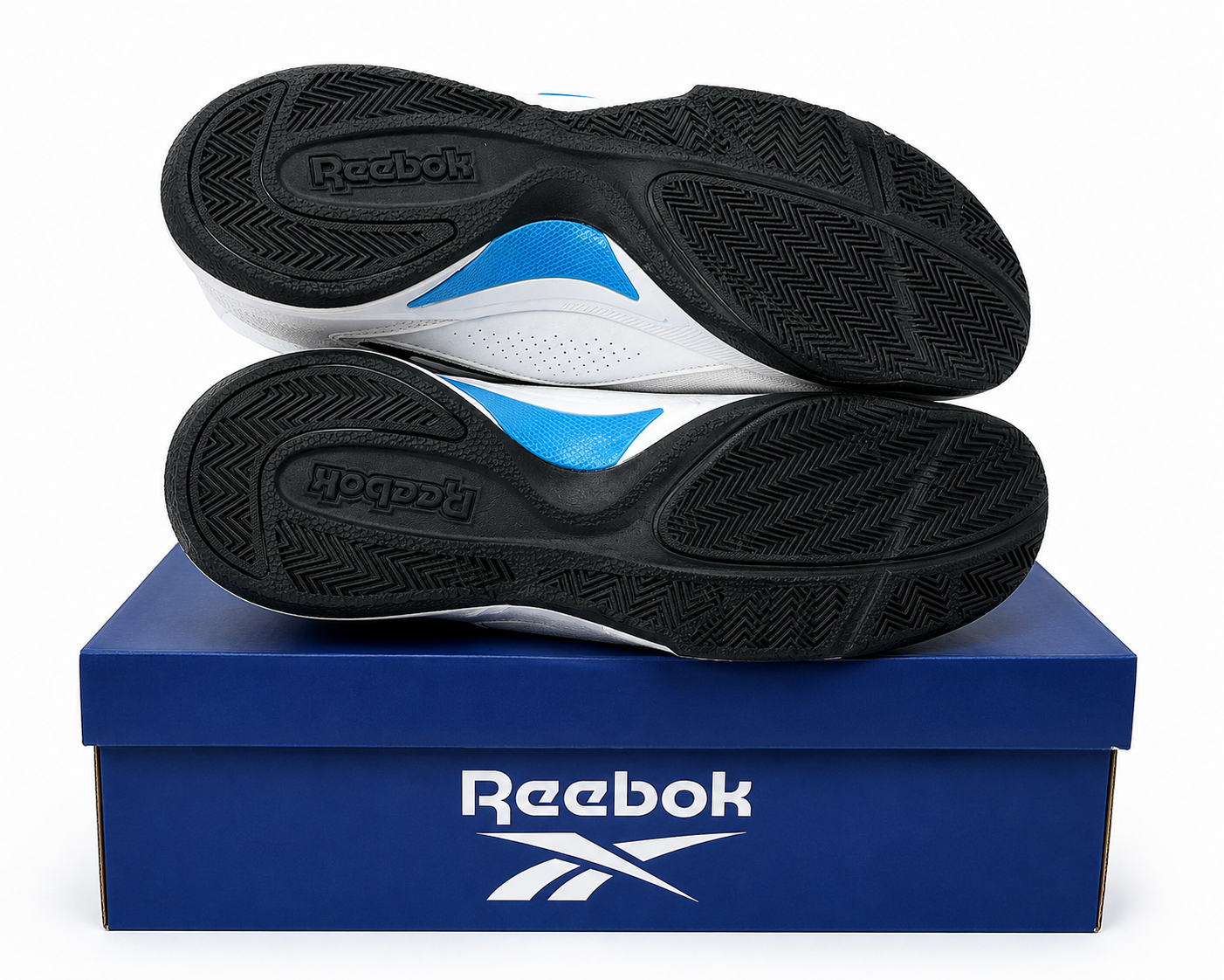 Reebok More Buckets Basketball Shoes
Men's Size 9.5 White Blue Black - New