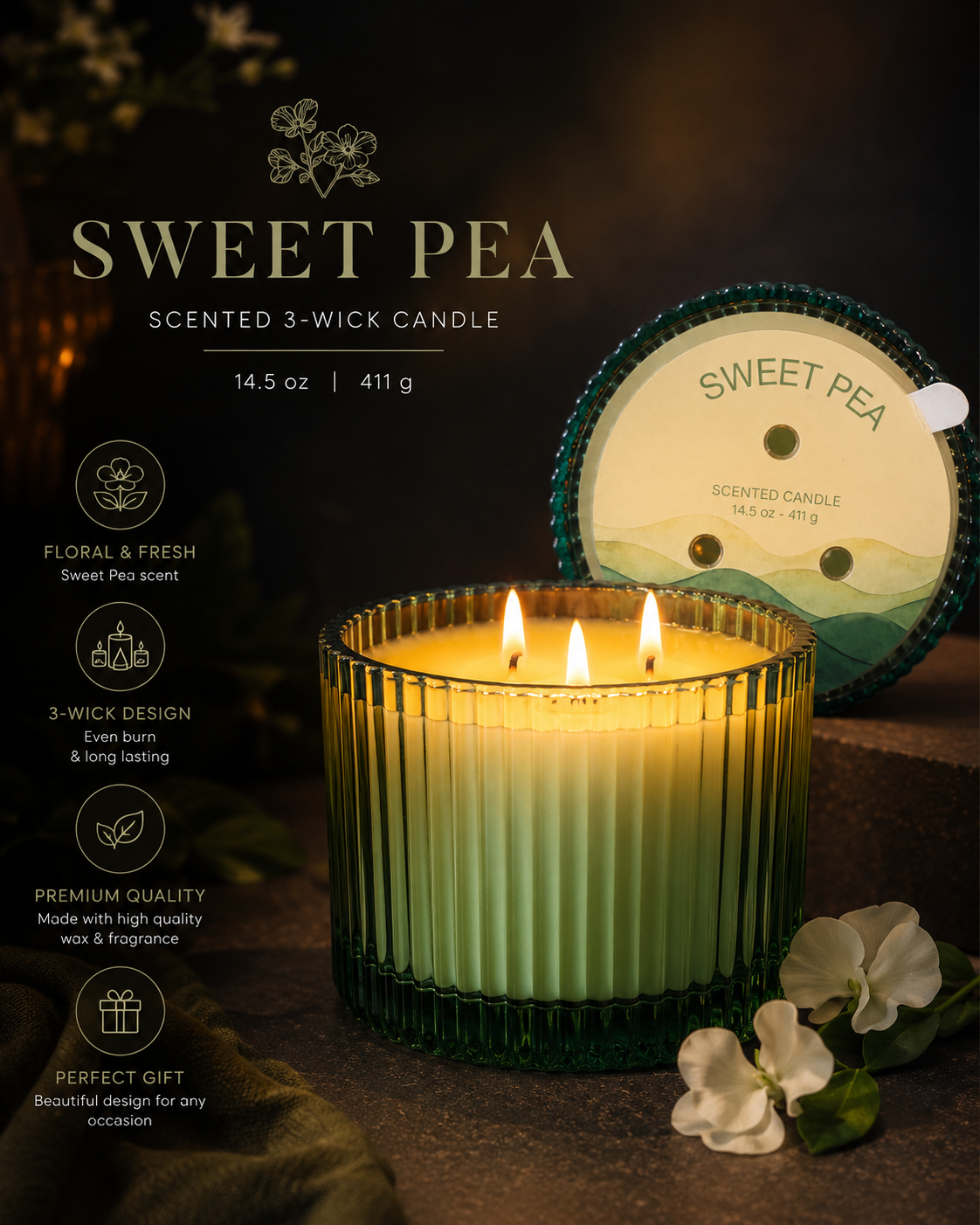 Forest Bloom Sweet Pea Candle Luxury Green Glass 3-Wick Candle