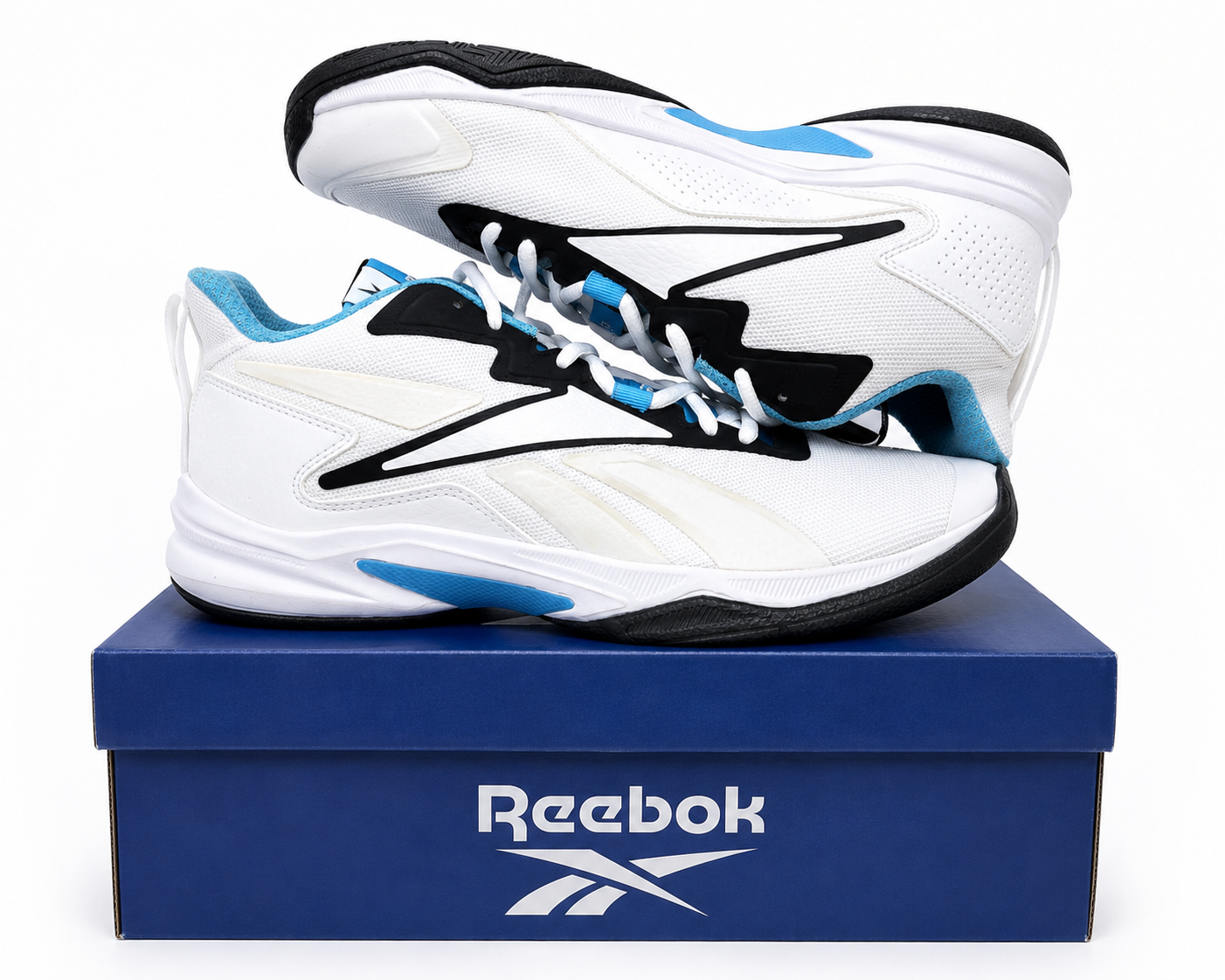 Reebok More Buckets Basketball Shoes
Men's Size 9.5 White Blue Black - New