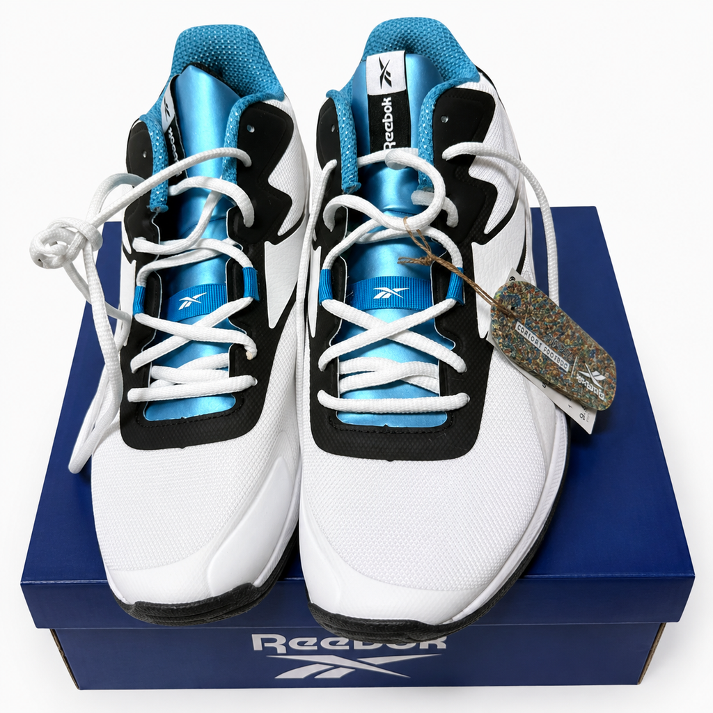 Reebok More Buckets Basketball Shoes
Men's Size 9.5 White Blue Black - New