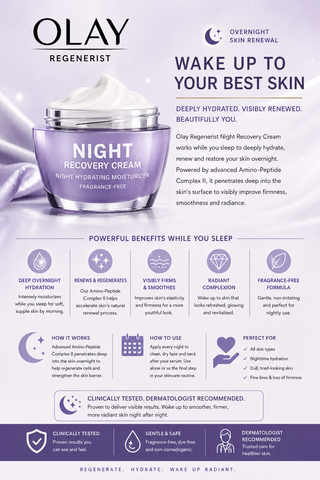 Olay Regenerist Night Recovery Cream Fragrance-Free Overnight Moisturizer