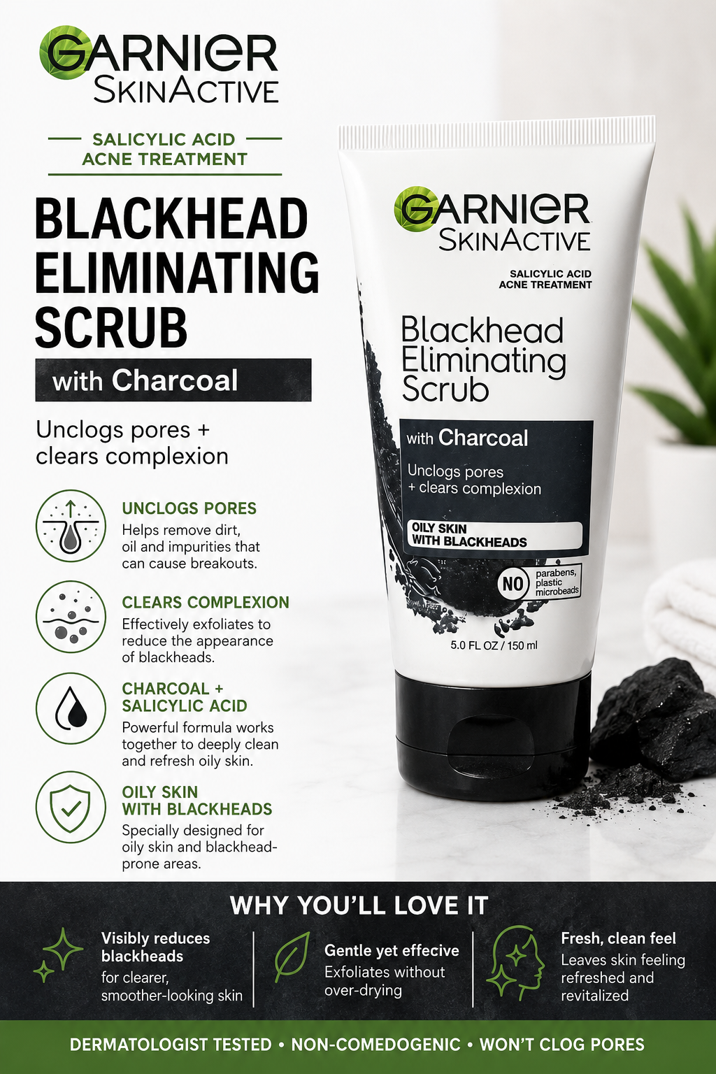 Garnier SkinActive Blackhead Eliminating Scrub with Charcoal – 5 oz