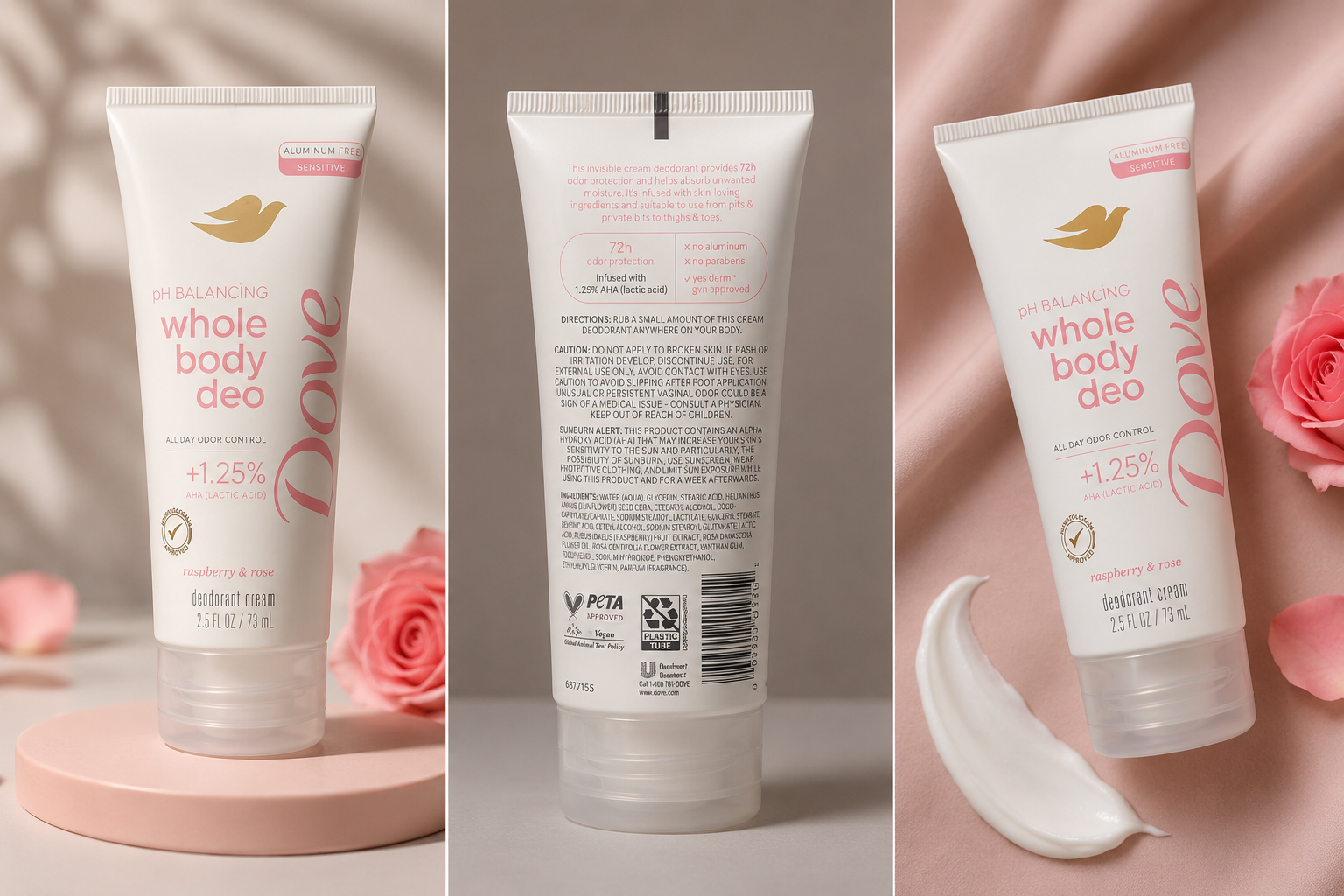 Dove Whole Body Deo Cream Raspberry & Rose, Aluminum Free Sensitive Deodorant