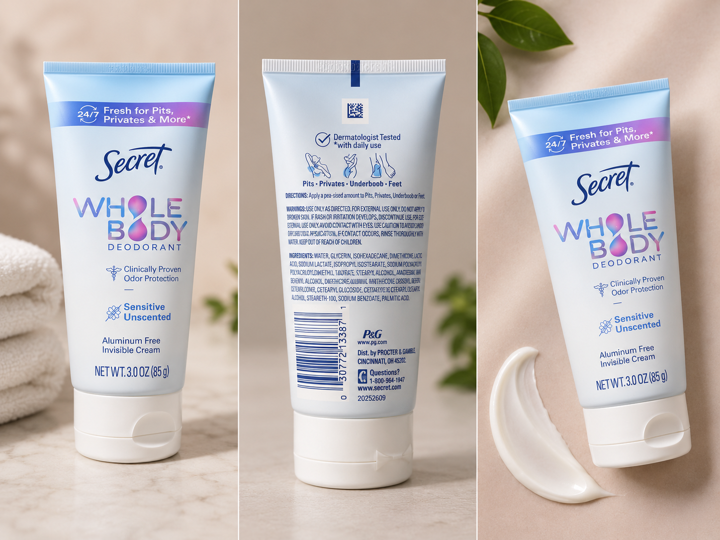 Secret Whole Body Deodorant Cream Sensitive Unscented, Aluminum Free, 3 oz