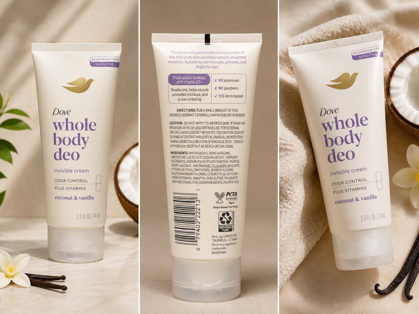 Dove Whole Body Deo Invisible Cream Coconut & Vanilla, Aluminum Free Sensitive Deodorant