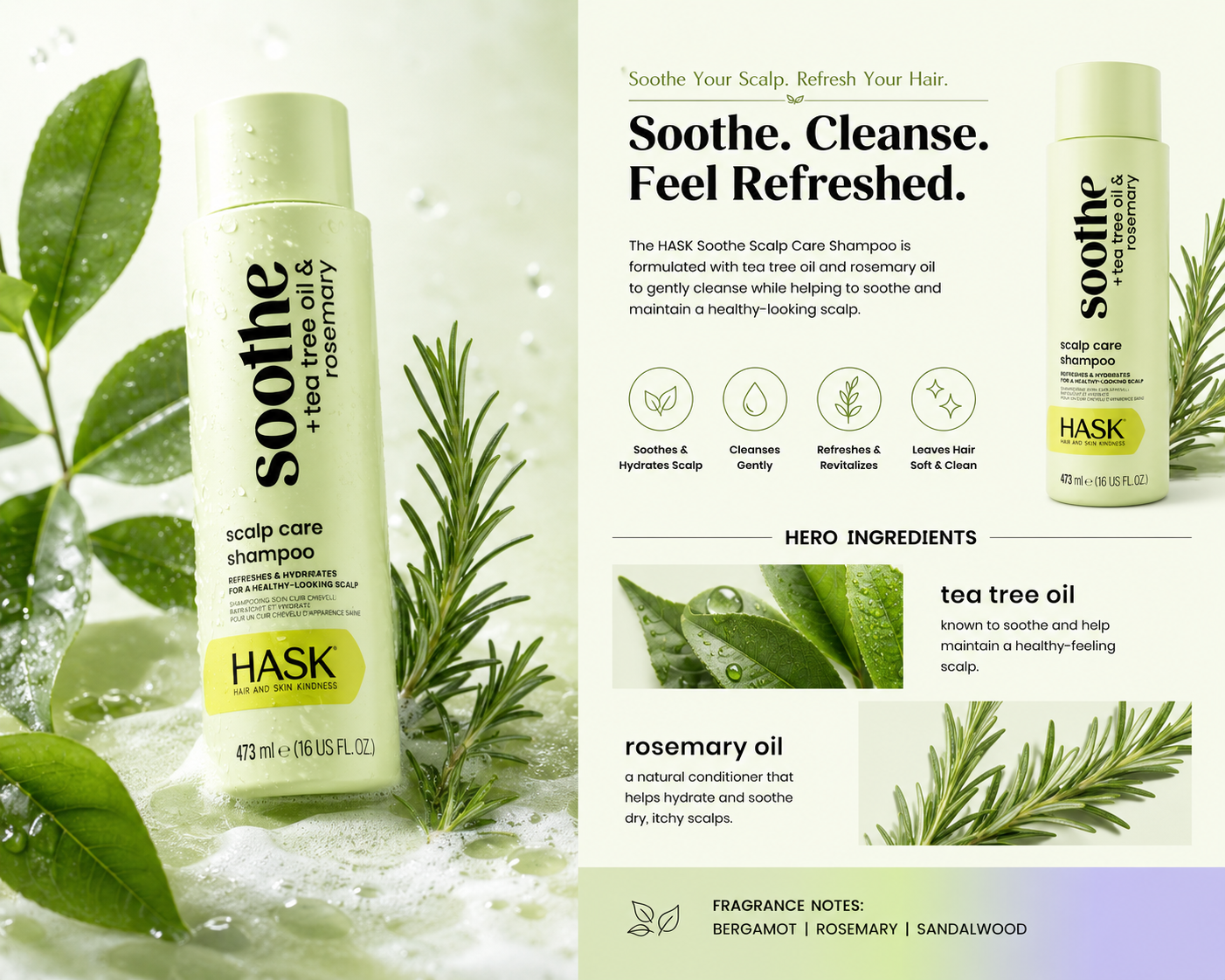 HASK Soothe Tea Tree Oil & Rosemary Scalp Care Shampoo Refreshing & Hydrating Formula
