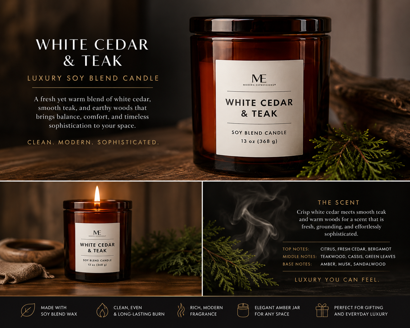 White Cedar & Teak Luxury Soy Blend Candle Fresh, Warm & Timeless