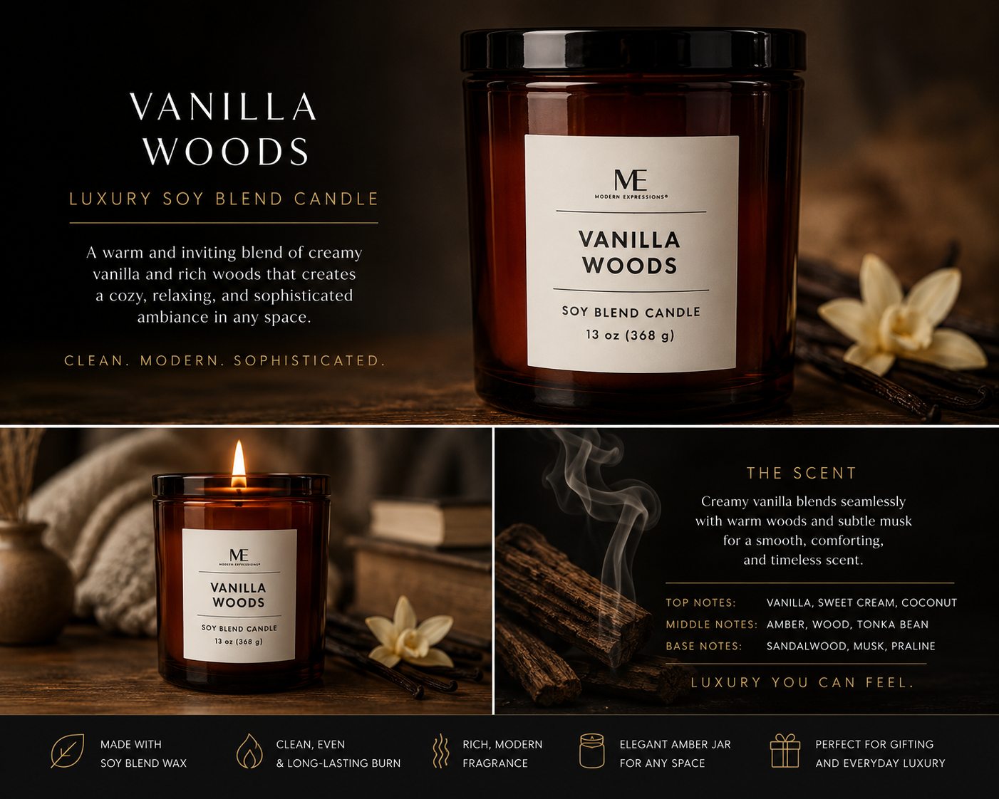 Vanilla Woods Luxury Soy Blend Candle Warm, Cozy & Sophisticated