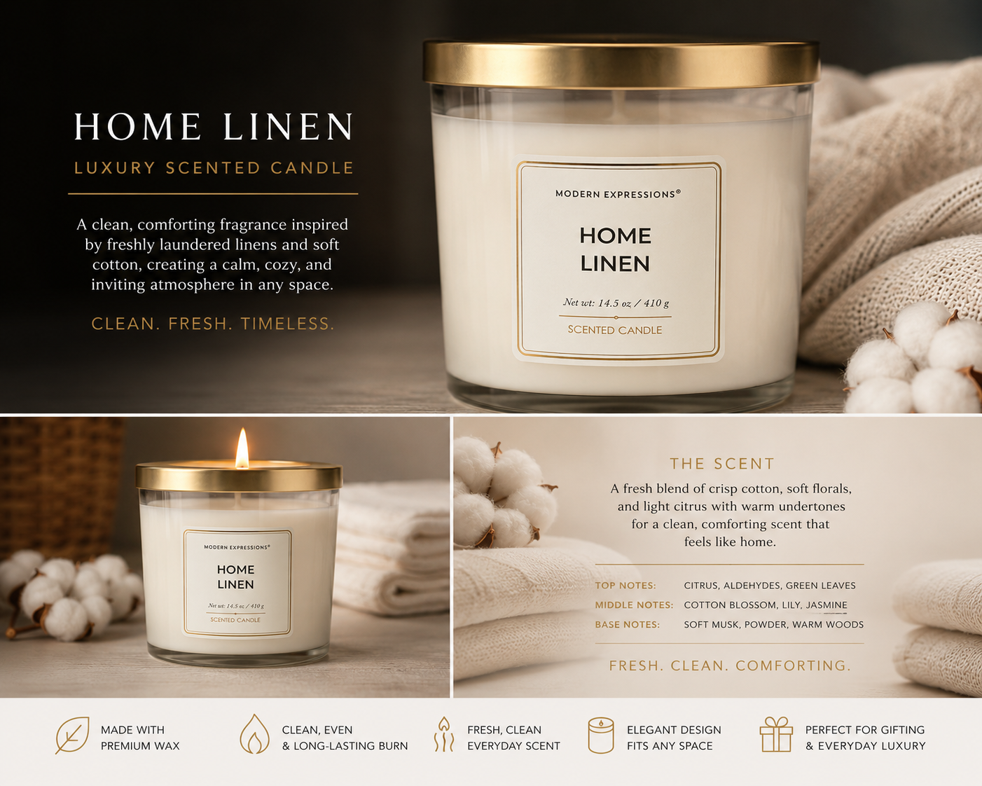 Home Linen Luxury Scented Candle Fresh, Clean & Comforting