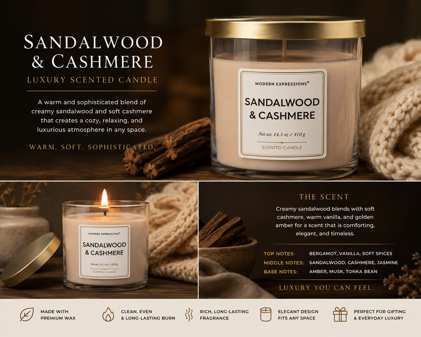 Sandalwood & Cashmere Luxury Scented Candle Warm, Soft & Elegant