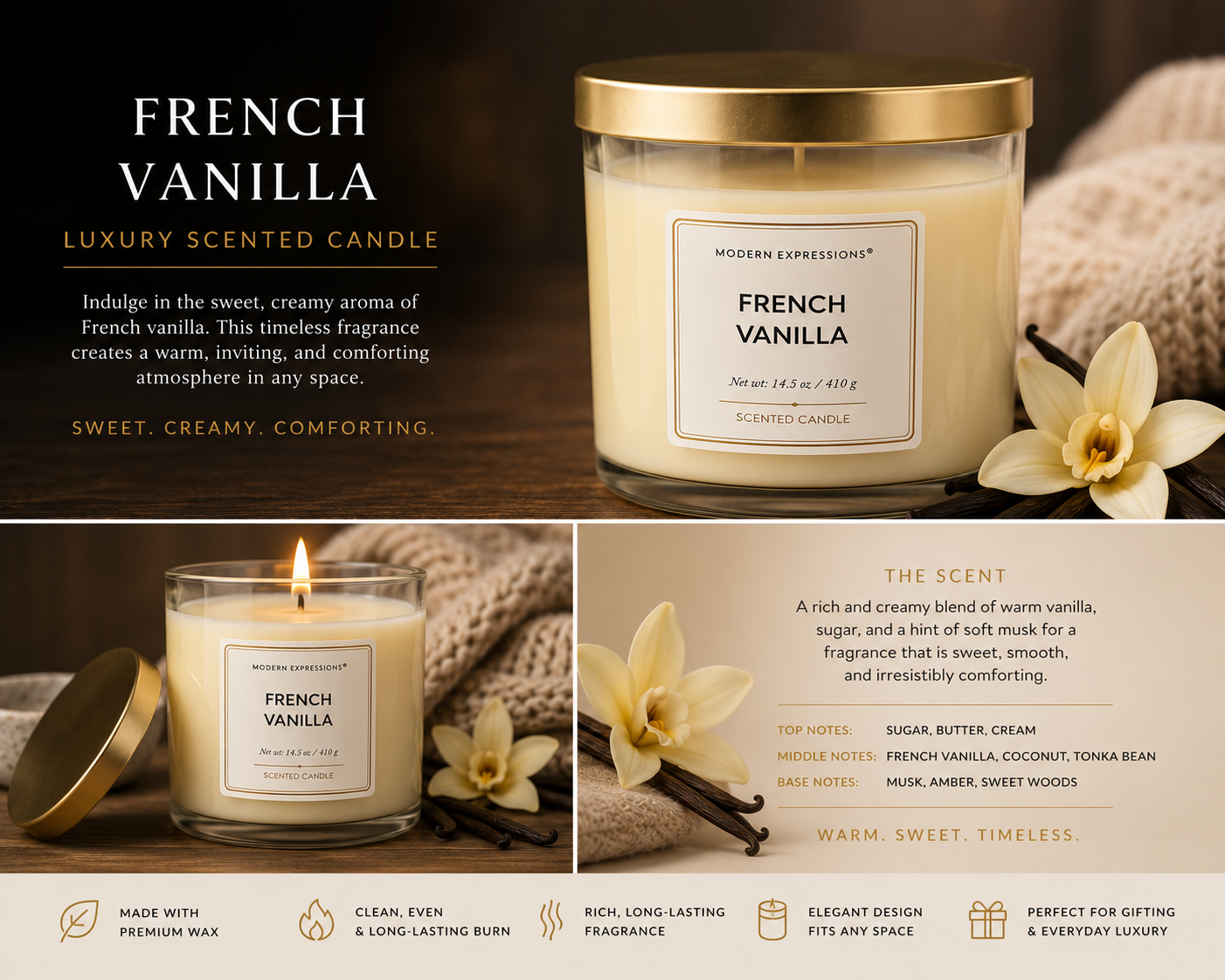 French Vanilla Luxury Scented Candle Warm, Sweet & Timeless