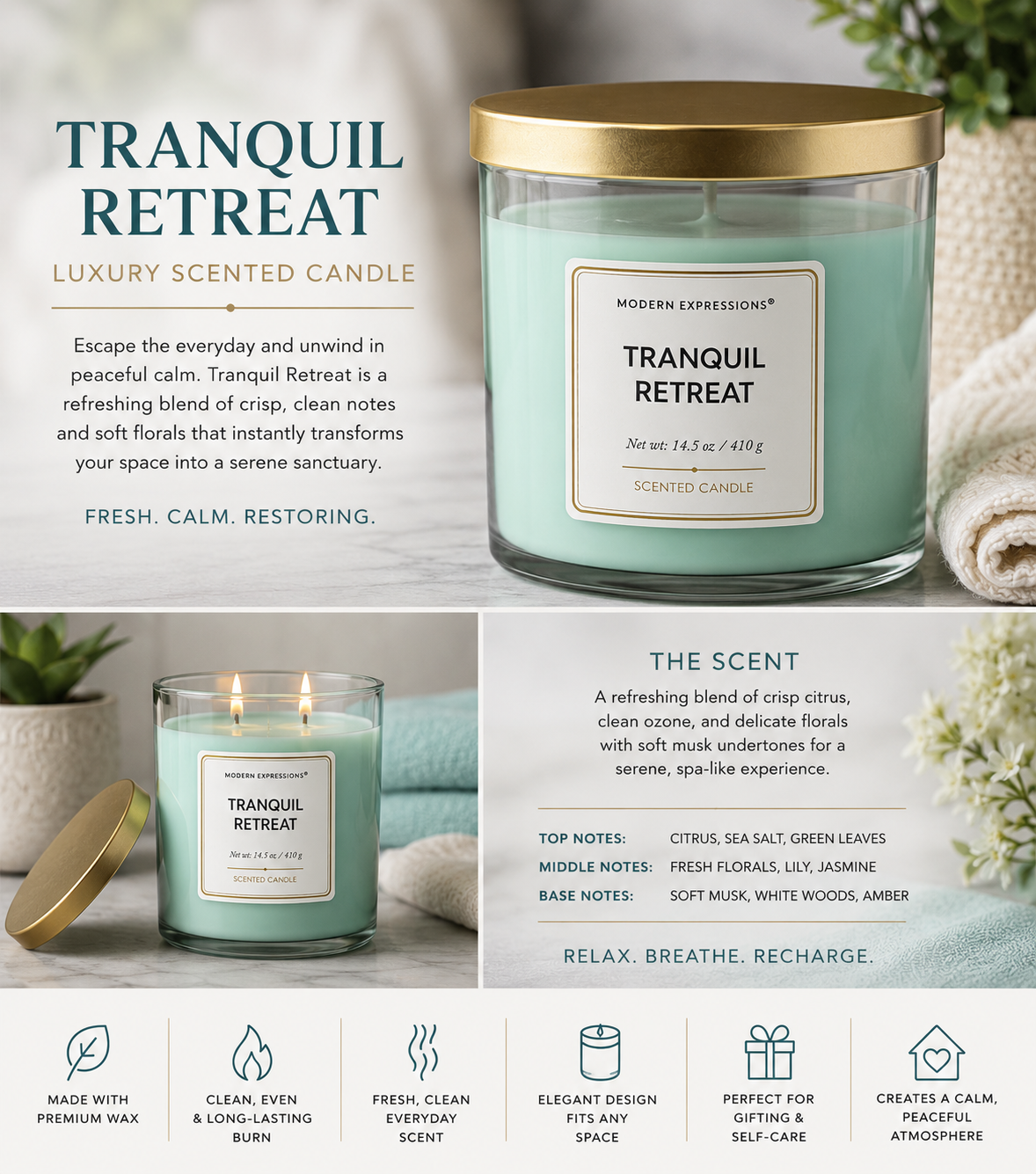 Tranquil Retreat Luxury Scented Candle Fresh, Calm & Restorative