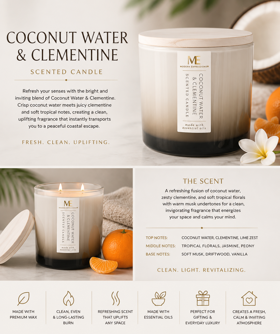 Coconut Water & Clementine Luxury Scented Candle Fresh, Bright & Uplifting