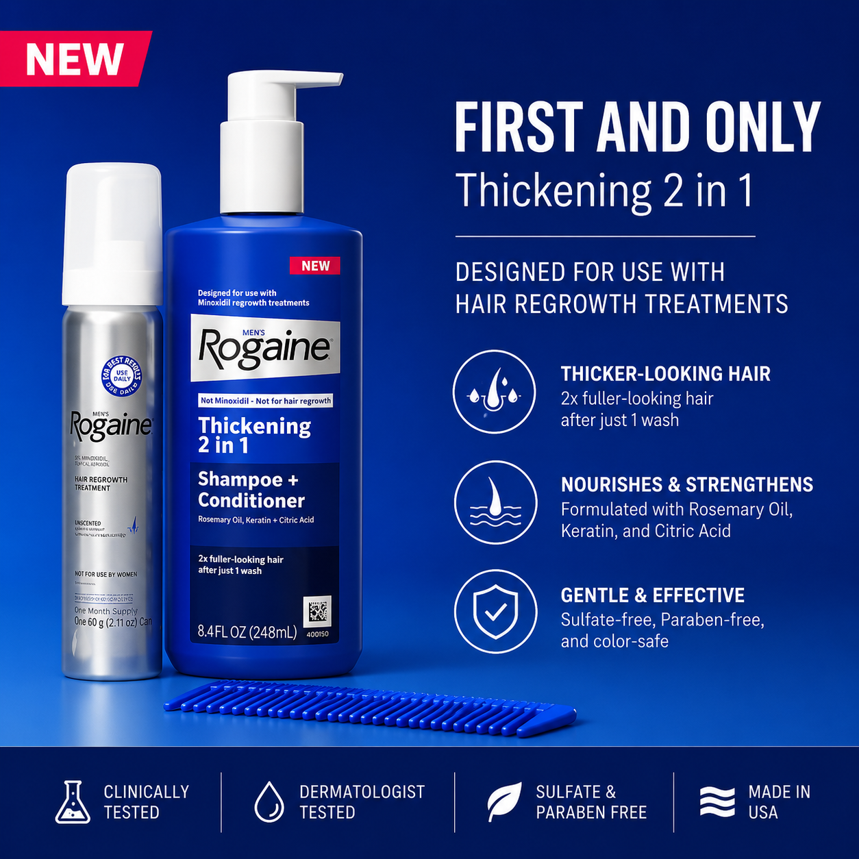 Rogaine Men’s Thickening 2-in-1 Shampoo + Conditioner Rosemary Oil & Keratin Formula, 8.4 FL OZ