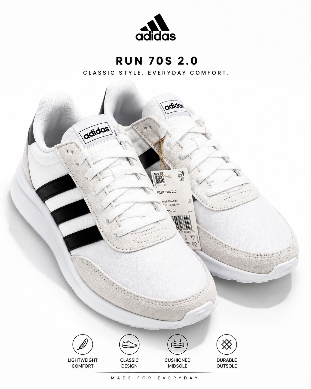 Adidas Run 70s 2.0 Men’s Sneakers Size 9.5 White Black Shoes
