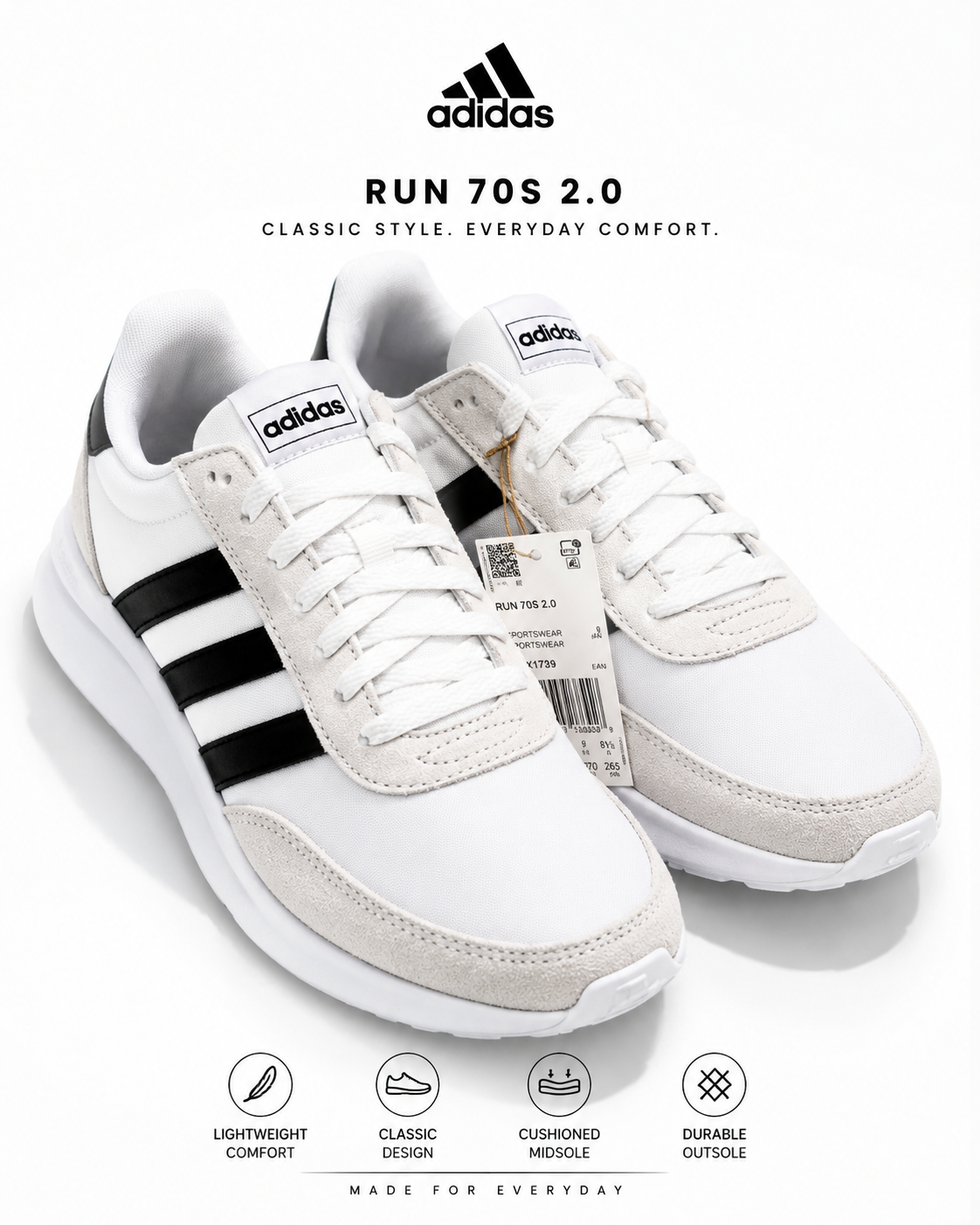 Adidas Run 70s 2.0 Men’s Sneakers Size 9.5 White Black Shoes