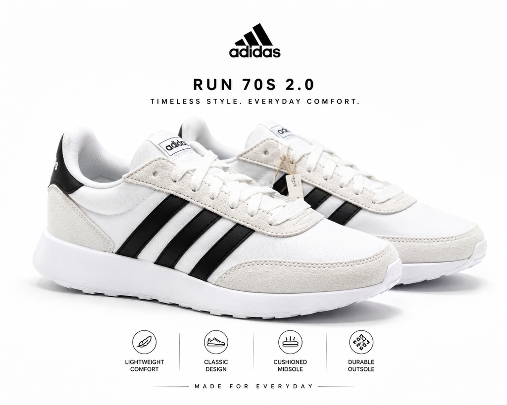 Adidas Run 70s 2.0 Men’s Sneakers Size 9.5 White Black Shoes