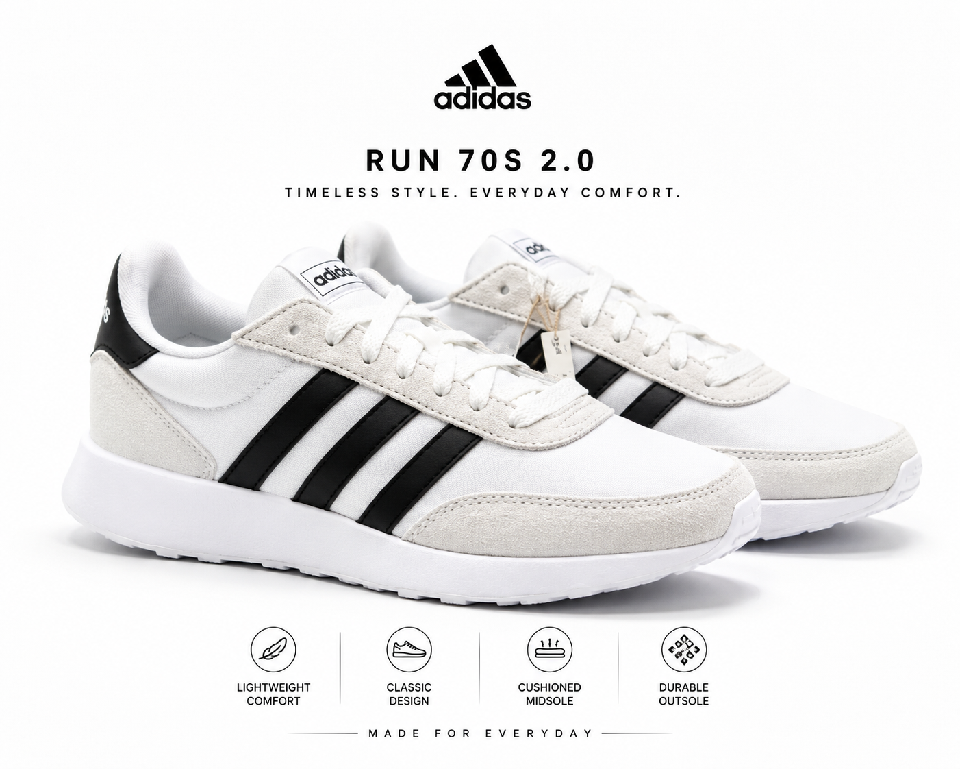 Adidas Run 70s 2.0 Men’s Sneakers Size 9.5 White Black Shoes