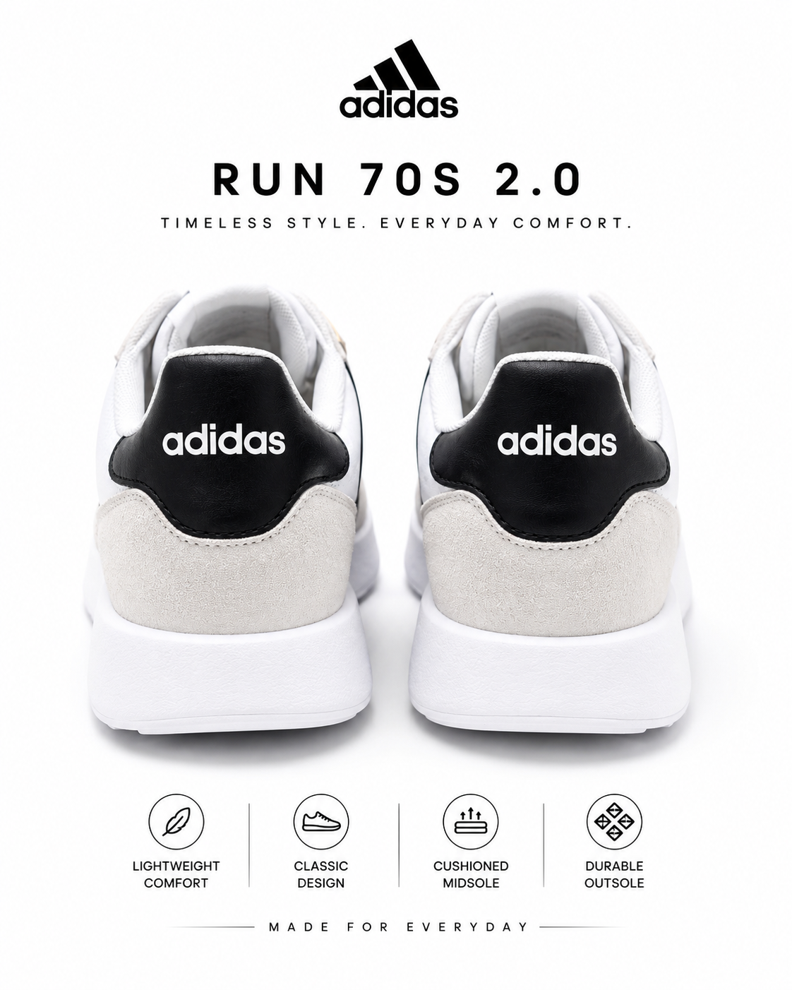 Adidas Run 70s 2.0 Men’s Sneakers Size 9.5 White Black Shoes