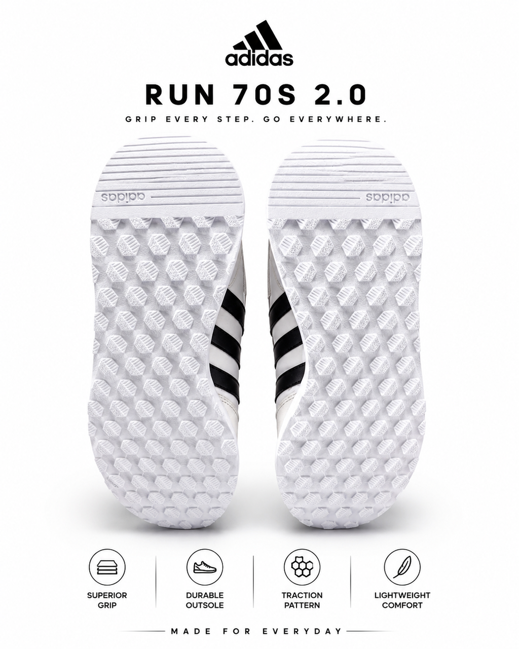 Adidas Run 70s 2.0 Men’s Sneakers Size 9.5 White Black Shoes