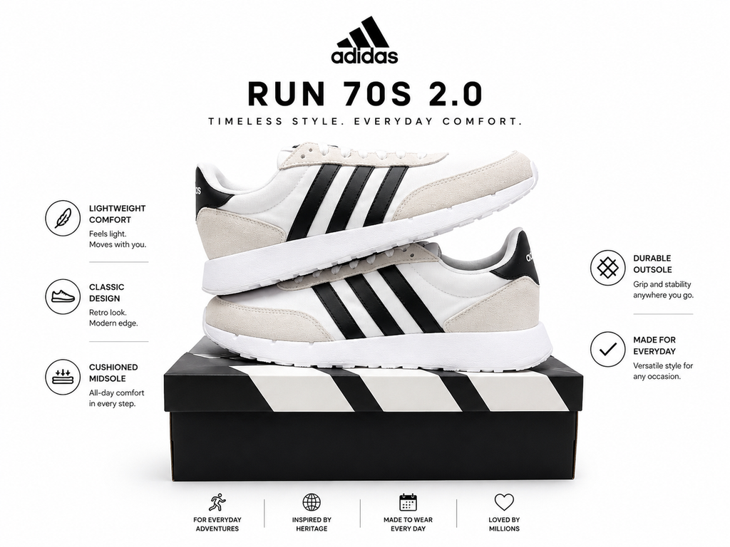Adidas Run 70s 2.0 Men’s Sneakers Size 9.5 White Black Shoes