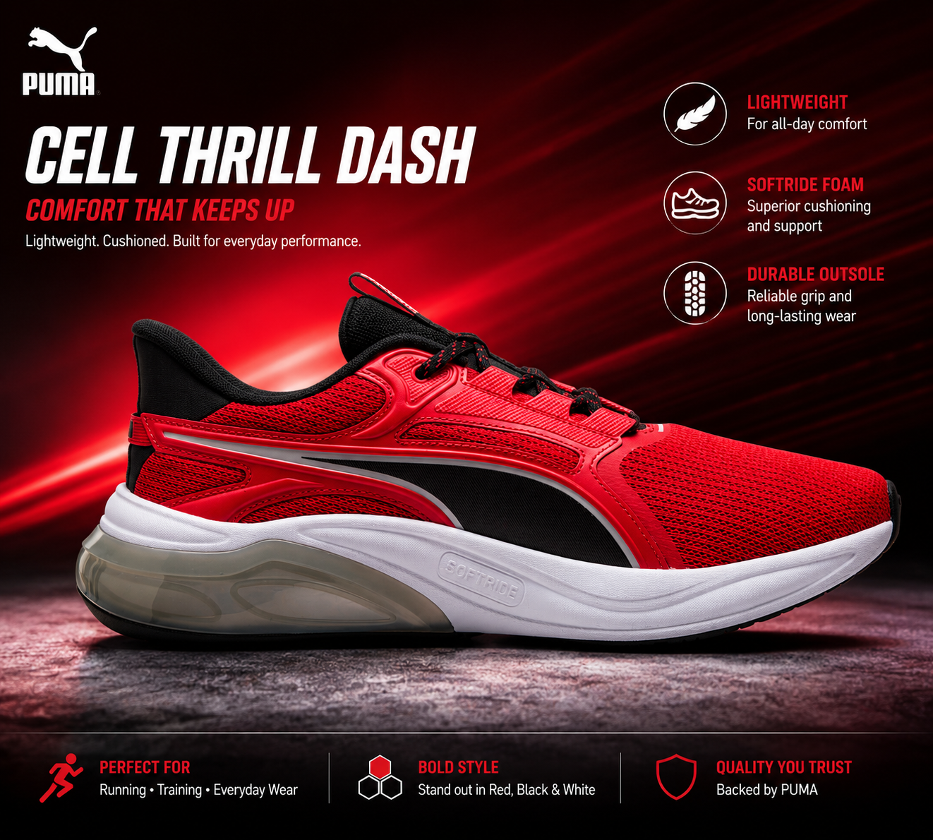 PUMA Cell Thrill Dash Men’s Running Sneakers Red/Black/White Size 11 Athletic Shoes