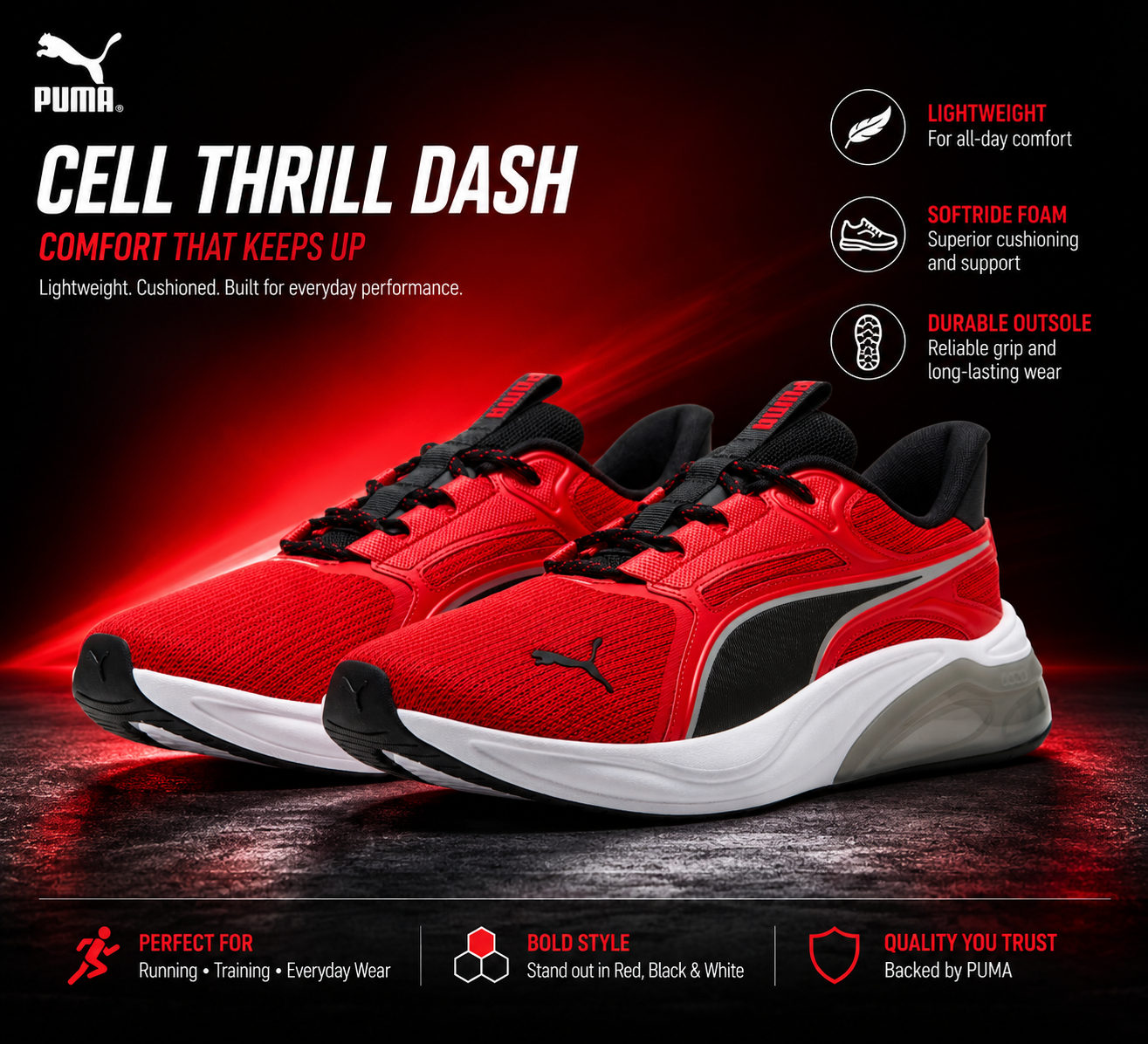 PUMA Cell Thrill Dash Men’s Running Sneakers Red/Black/White Size 11 Athletic Shoes