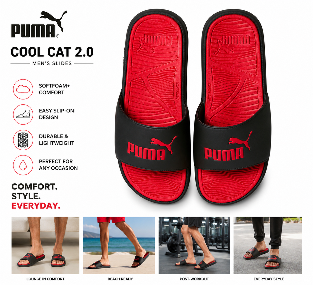 PUMA Cool Cat 2.0 Men’s Slide Sandals Black/Red Size 9 Comfort Slip-On Casual Slides