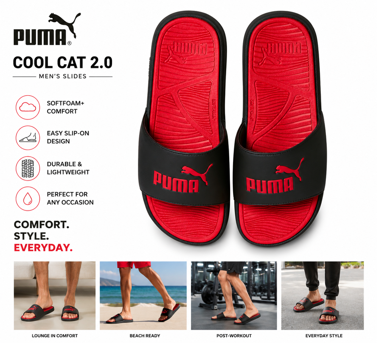 PUMA Cool Cat 2.0 Men’s Slide Sandals Black/Red Size 9 Comfort Slip-On Casual Slides