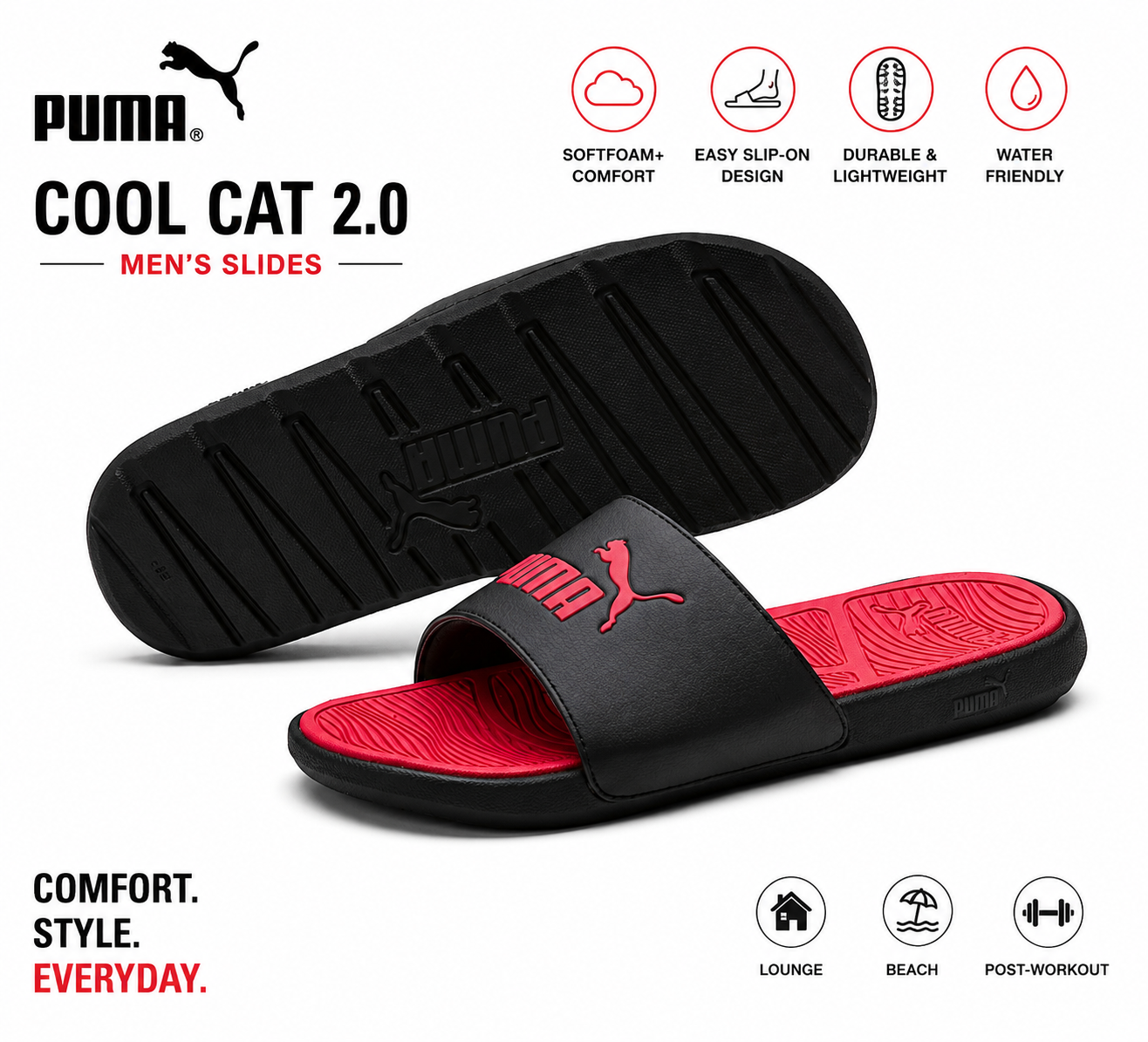 PUMA Cool Cat 2.0 Men’s Slide Sandals Black/Red Size 9 Comfort Slip-On Casual Slides