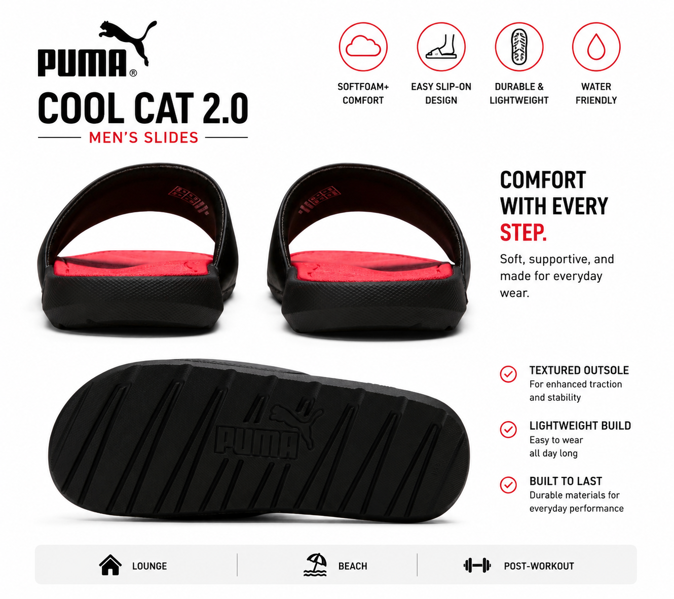 PUMA Cool Cat 2.0 Men’s Slide Sandals Black/Red Size 9 Comfort Slip-On Casual Slides