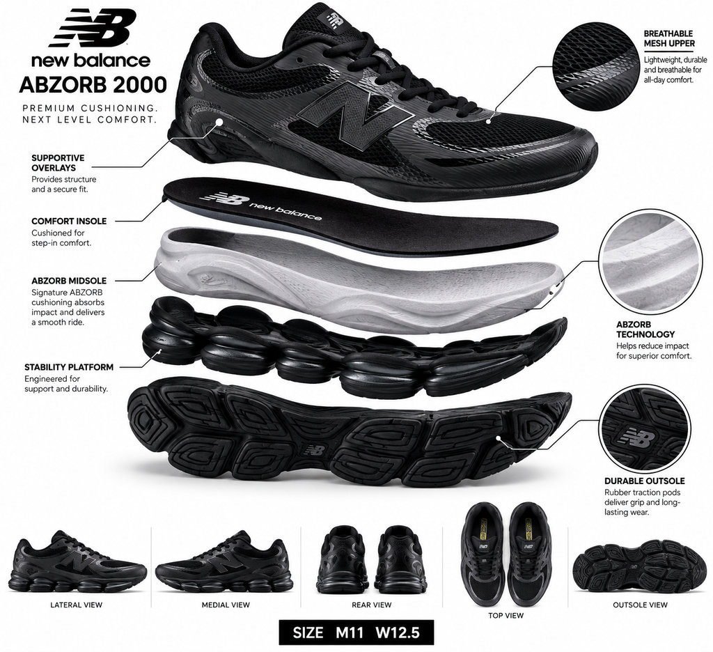 New Balance ABZORB 2000 Triple Black Men’s 11 Women’s 12.5 Sneakers