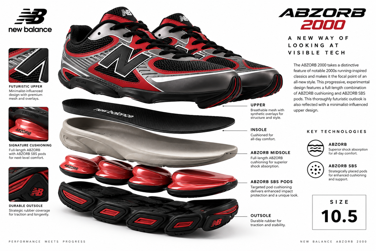 New Balance ABZORB 2000 Black Cement Podium Red M10.5 W12 Brand New